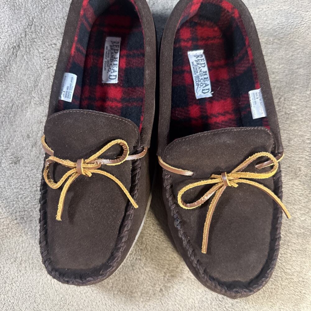 Red Head Dark Brown Suede Slippers with Red Plaid Lining Mens Size 8